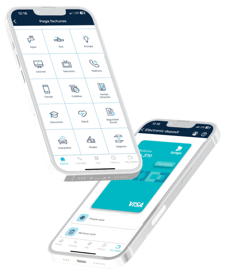 App Tpaga - Mockup de teléfono mostrando la interfaz de la app Tpaga, destacando sus funciones principales y su diseño intuitivo.
