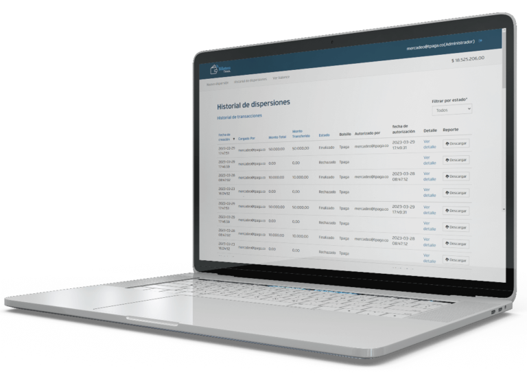 Tpaga - Laptop con vista de de las funcionalidades de Desembolsos Digitales